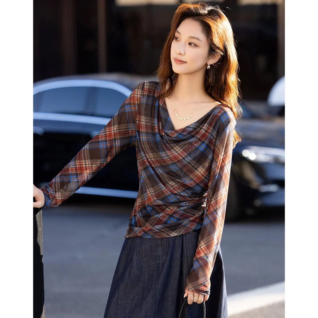 집어 들다 빛 스타일 봄 레트로 스타일 흔들다 칼라 측면 펌프 Pleat 프린트 메쉬 체크무늬 작은 키 여성 티셔츠