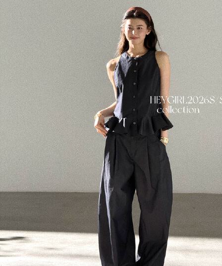 heygirl 블랙 형제 니켈 맛 outfit 프릴 민소매 셔츠 조끼 베스트 맨위 와이드 레그 팬츠 세트