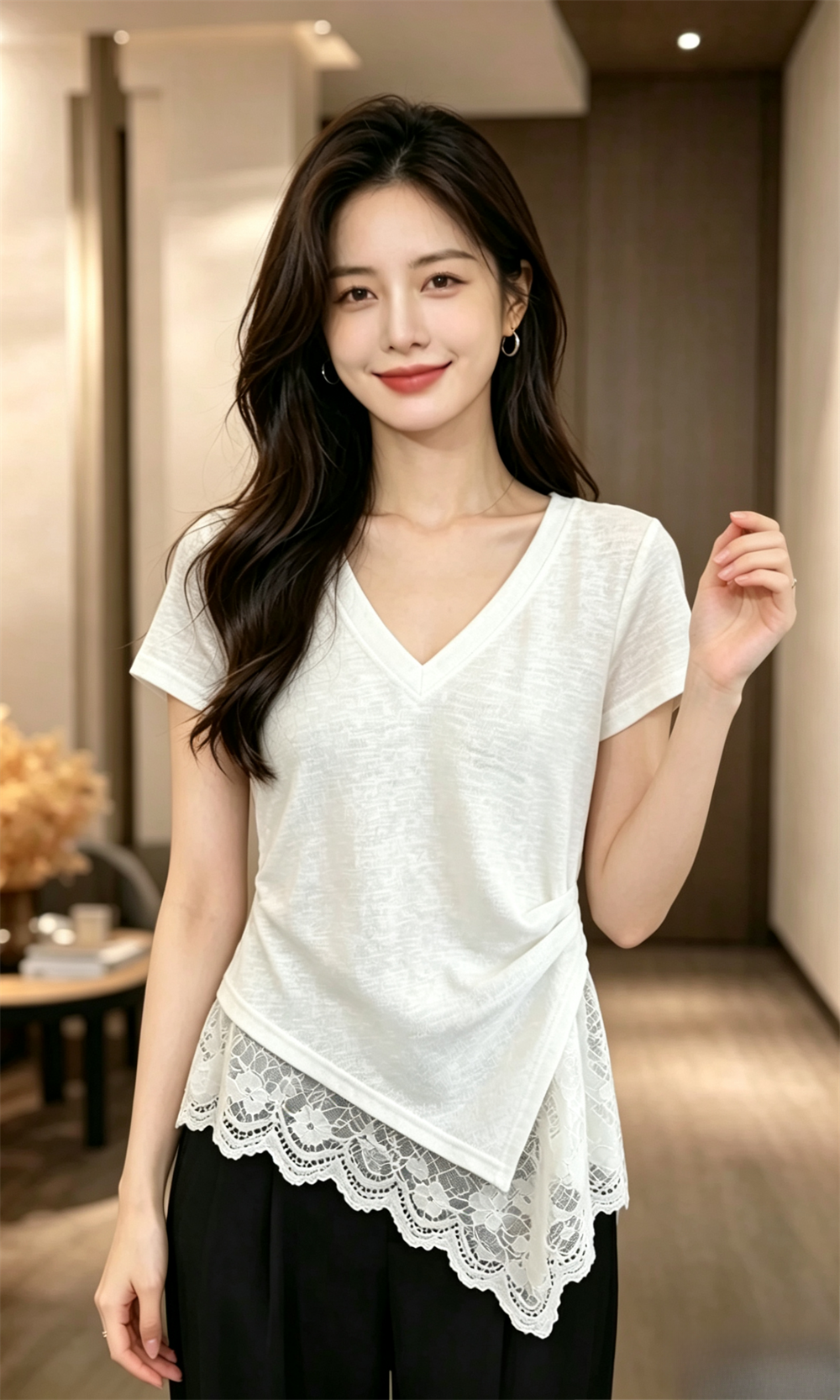 눈꽃 면 밑단 레이스 조각 반팔 티셔츠 여성 여름 맨위