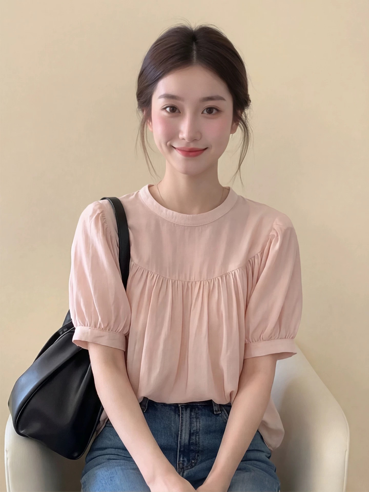 프랑스식 핑크색 주름 거품 소매 셔츠 여성 2026 여름 새로운 고유 한 슈퍼 잘 생긴 외국 가스 연령 감소 맨위