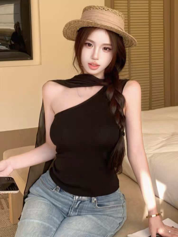 여름 순수한 욕망 다용도 망사 리본 검정색 캐미솔 디자인 센스 작은 대중 몸매 가꾸기 민소매 행침 목 맨위