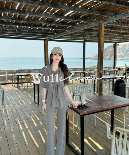 한국 g022 한 부서 다용도 숄 라운드 넥 루즈핏 반팔 티셔츠 하이웨이스트 부츠컷 바지 패션 세 조각 세트 여성