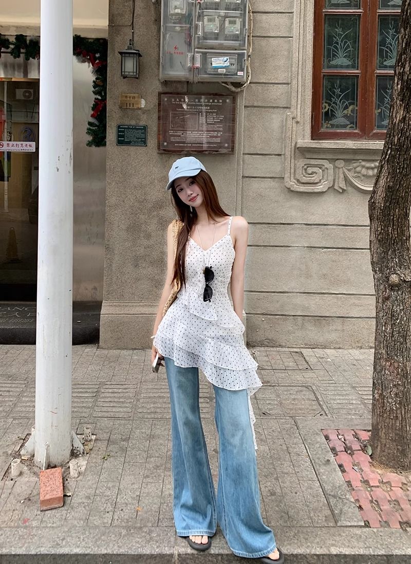 쉬폰 네리 마이크로 지방 mm 휴가 바람 슬립 여성 드레스 프릴 화이트 도트 무늬 치마