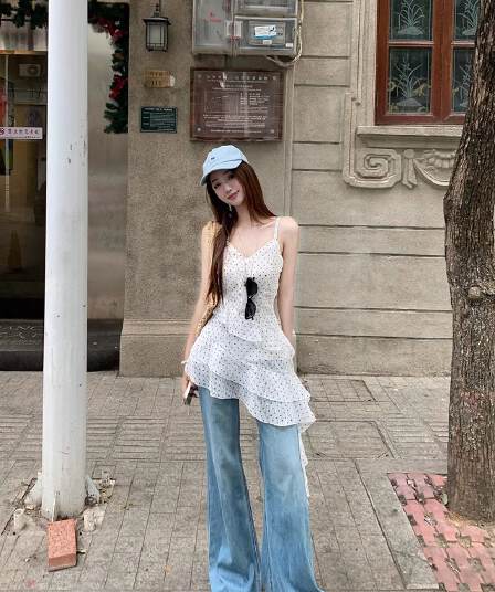 쉬폰 네리 마이크로 지방 mm 휴가 바람 슬립 여성 드레스 프릴 화이트 도트 무늬 치마