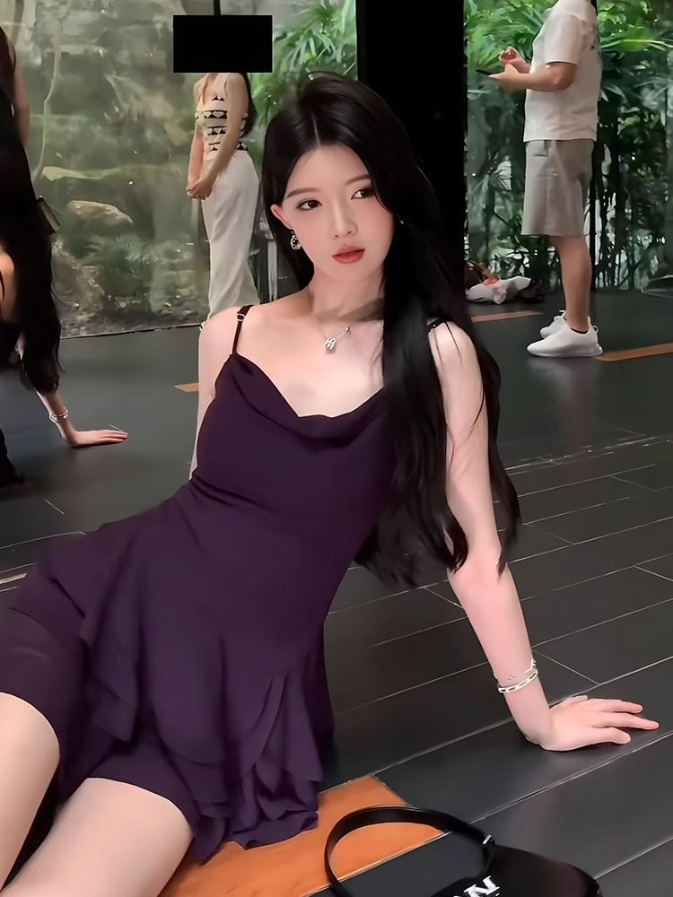 프랑스식 흔들다 칼라 민소매 슬립 여성 드레스 여름 섹시함 핫걸 바람 오프숄더 한 마디 미니 스커트