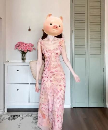 프랑스식 핑크색 꽃무늬 슬립 여성 드레스 작은 키 고급 센스 휴가 바람 품격 롱 스커트