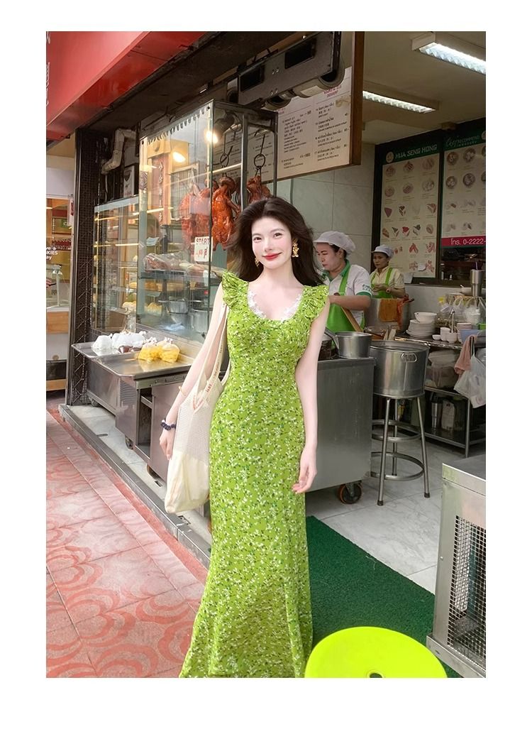 녹색 레이스 꽃무늬 여성 드레스 여름 새로운 품격 디스플레이 화이트 몸매 가꾸기 하이웨이스트 길다 치마