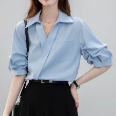 批发五分<b class='q'>袖</b>白色衬衫女<b class='q'>上衣</b>2025新款夏季小个子设计感小众高级v领衬衣