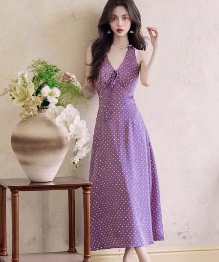 바람 eia 하나 야오 폴카 휴일 프랑스식 행침 목 여성 드레스 이른 봄 보라색 길다 치마
