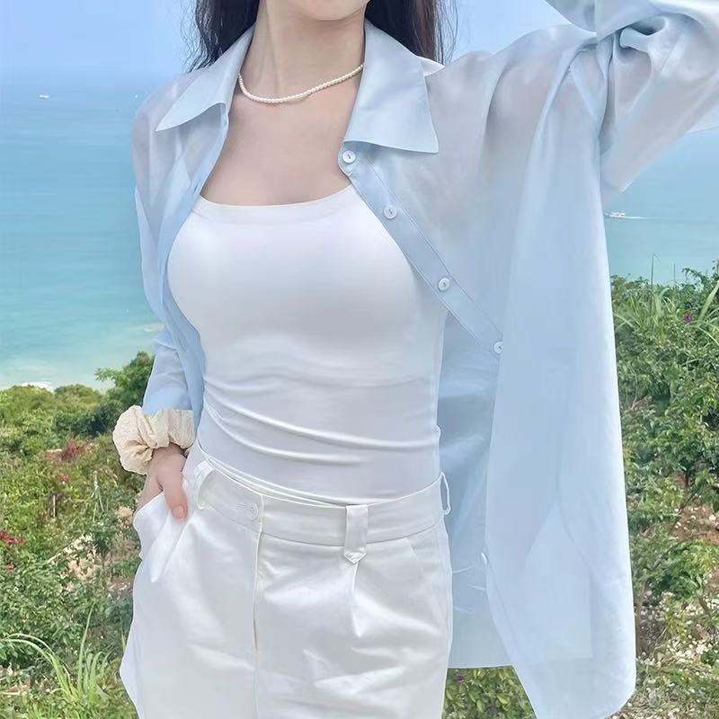 아빠 터너 주간 실크 셔츠 새로운 화이트 재킷 캐주얼 여성 의류 얇고 가벼운 셔츠 라이 경기 서울 작은 셔츠 외부 가져 가라. 오픈 가디건