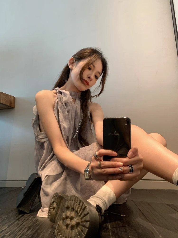 프랑스식 행침 목 프린트 민소매 여성 드레스 여름 부드러운 달콤함 슬림해 보이는 쉬폰 요정 치마