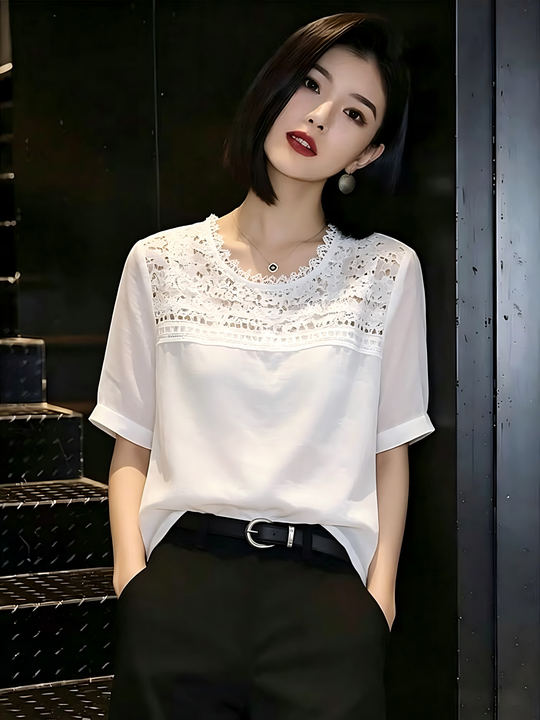 하나 꿈 떠 다니는 무거운 작업 레이스 아마 반소매 셔츠 루즈핏 라운드 넥 여성 셔츠 265 여름 새로운