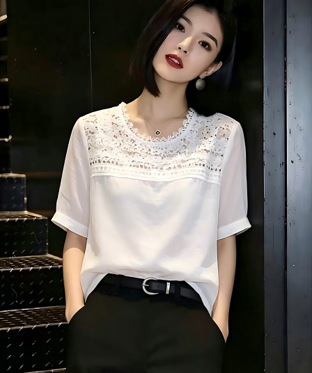 하나 꿈 떠 다니는 무거운 작업 레이스 아마 반소매 셔츠 루즈핏 라운드 넥 여성 셔츠 265 여름 새로운