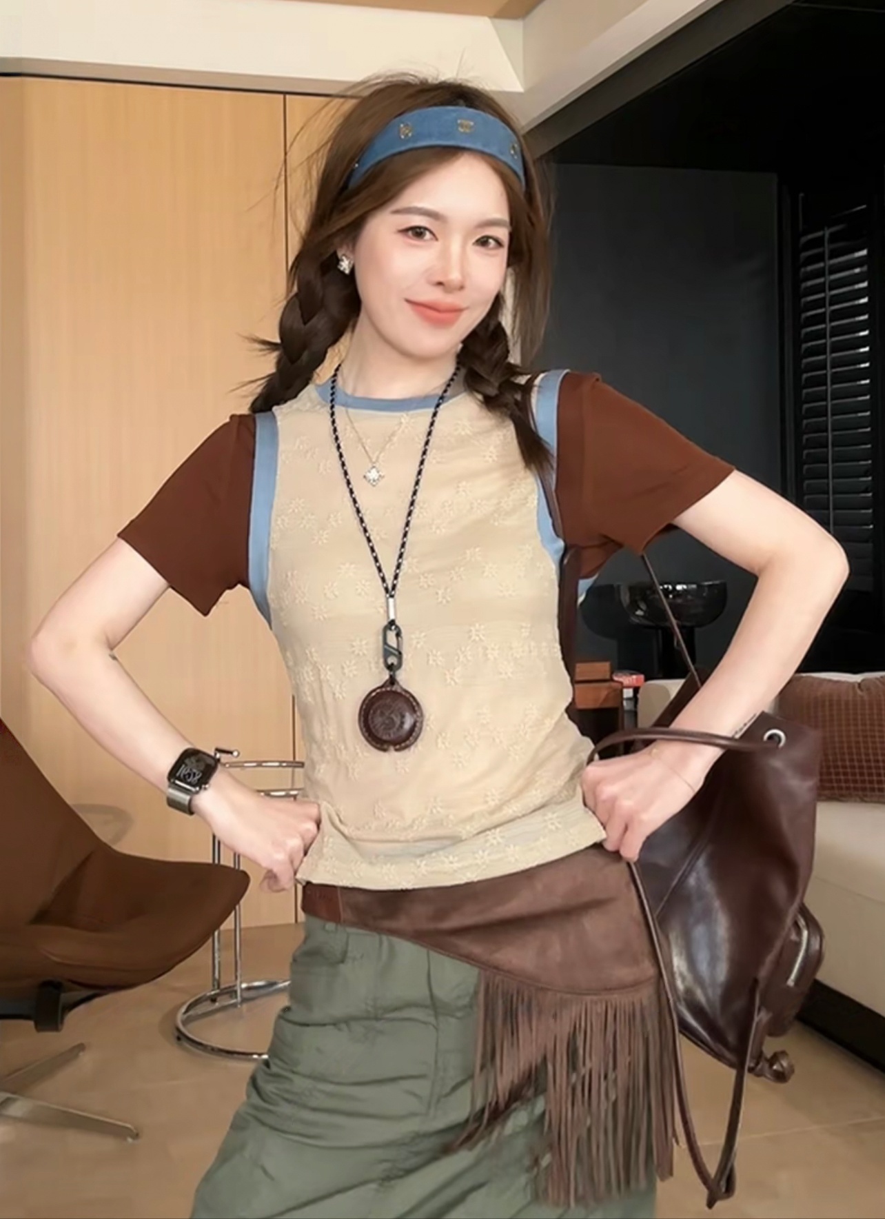 여름 작은 대중 디자인 센스 미니멀리즘 패치워크 배색 페이크 레이어드 반팔 T