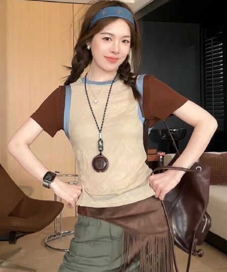 여름 작은 대중 디자인 센스 미니멀리즘 패치워크 배색 페이크 레이어드 반팔 T