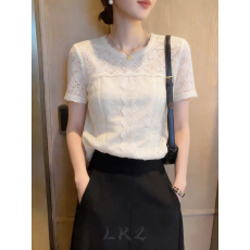 批发欧货高级感蕾丝打底衫女短袖夏季新款百搭上衣气质简约白色小衫
