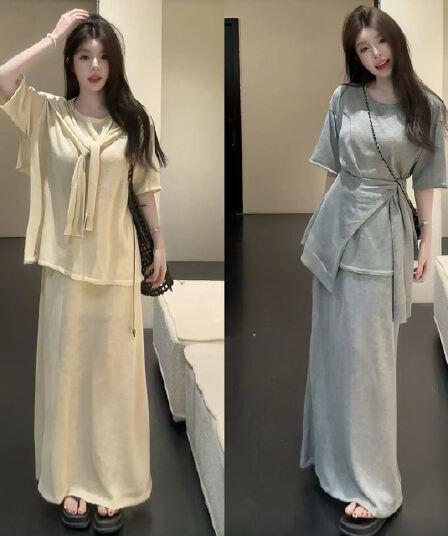 huihui 새로운 느긋한 바람 루즈핏 반팔 맨위 가져 가라. 반신 스커트 세 조각 세트