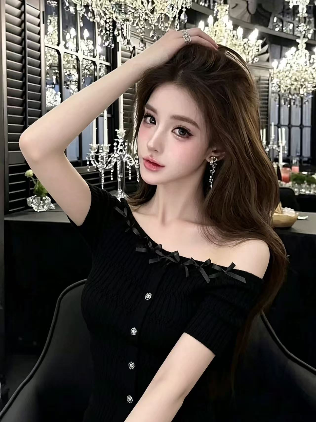lym studio 오프숄더 나비 매듭 니트 스웨터 여성 화이트 반팔 빛 요리 한 우아함 품격 맨위