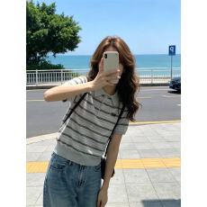 批发美式条纹刺绣polo领针织衫短袖t恤女夏季修身显瘦学院风短款上衣
