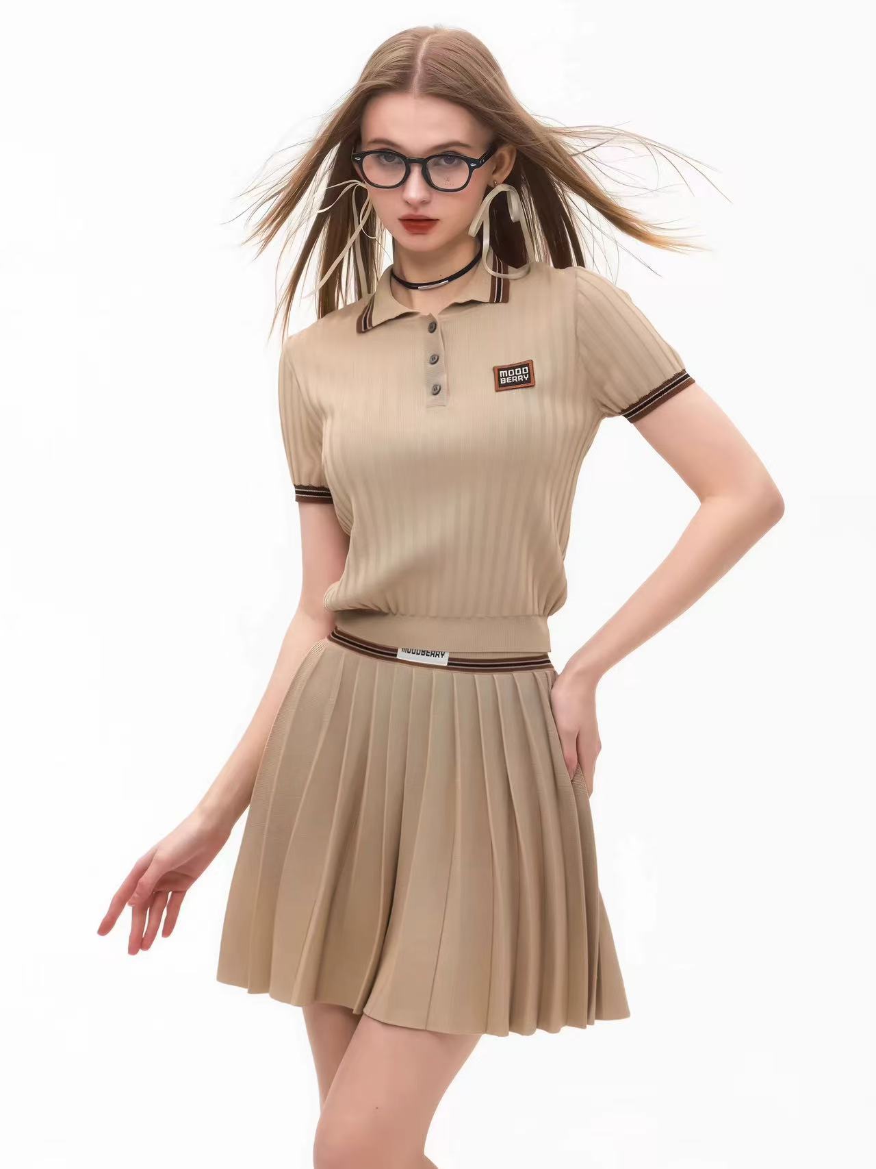 아메리칸 miu 부서 학원 스타일 세트 여성 여름 회색 POLO 칼라 니트 반팔 티셔츠 한 마디 플리츠 반신 스커트
