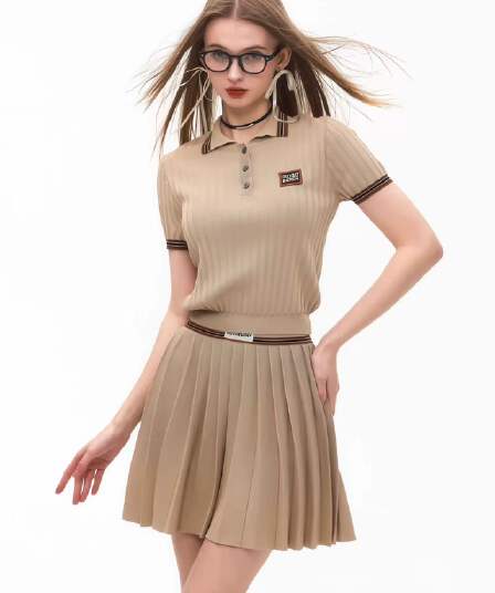아메리칸 miu 부서 학원 스타일 세트 여성 여름 회색 POLO 칼라 니트 반팔 티셔츠 한 마디 플리츠 반신 스커트