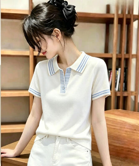 출퇴근 바람 POLO 셔츠 폴로 칼라 반팔 니트 티셔츠 여성 여름 새로운 패션 슬림해 보이는 긍정적 인 어깨 의류