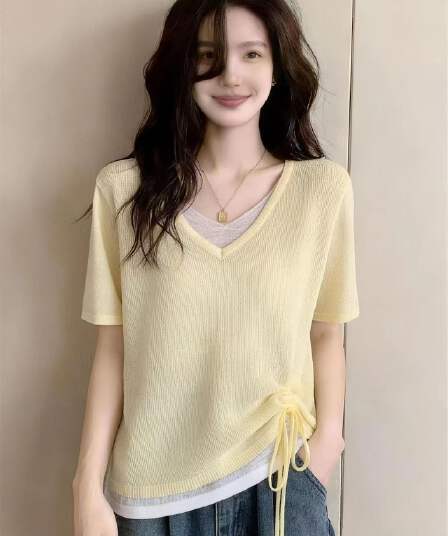 불규칙 V넥 펌프 로프 배색 페이크 레이어드 맨위 여성 여름 빅 사이즈 지방 mm 한국 스타일 연령 감소 얼음 실크 니트 스웨터
