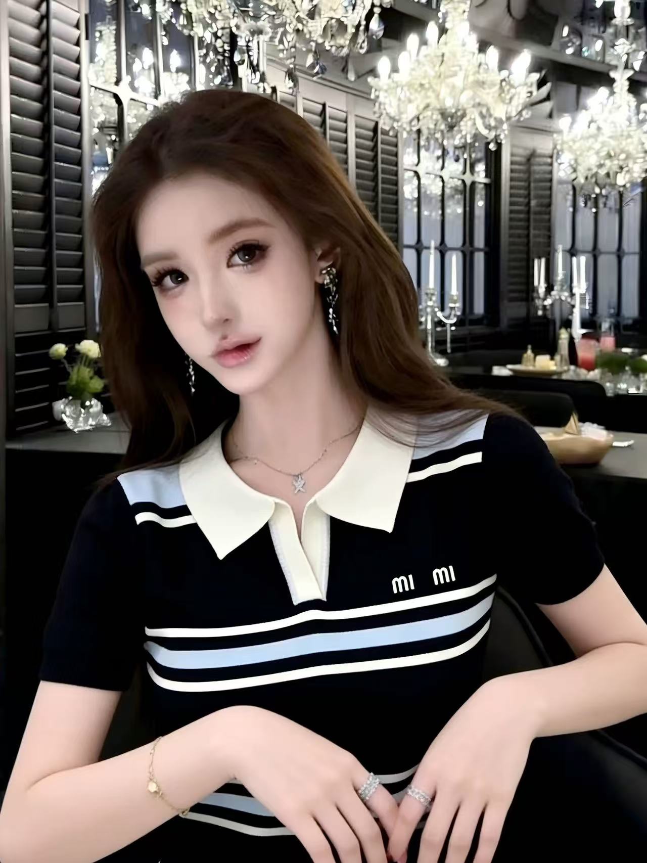 배색 스트라이프 POLO 칼라 니트 스웨터 여성용 짧은 소매 여름 새로운 한 부서 고급 센스 슬림해 보이는 다용도 캐주얼 맨위
