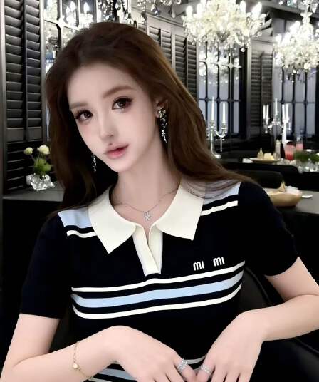 배색 스트라이프 POLO 칼라 니트 스웨터 여성용 짧은 소매 여름 새로운 한 부서 고급 센스 슬림해 보이는 다용도 캐주얼 맨위