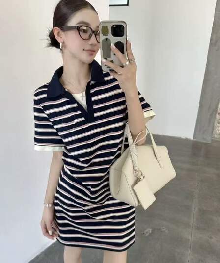 기념일 로고 맞춤 남쪽 기름 높은 품질 스트라이프 POLO 칼라 드레스 스트레이트 루즈핏 슬림해 보이는 캐주얼 느긋한 바람 미니 스커트