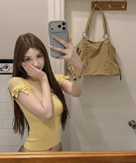 tongiiuu 웨이 니켈 소녀 라운드 넥 홀로우 아웃 나비 매듭 니트 반팔 티셔츠 여성 몸매 가꾸기 슬림해 보이는 맨위 여름