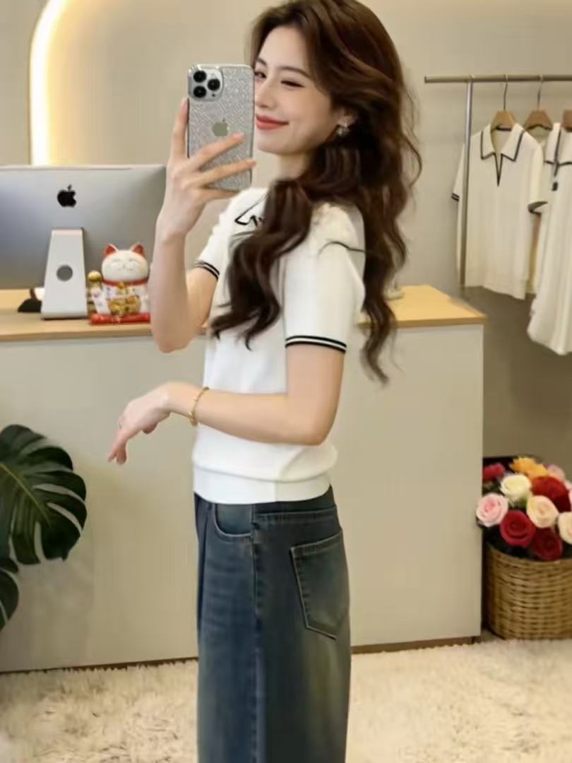 프랑스식 폴로 칼라 배색 고급 반팔 니트 스웨터 여성 여름 빅 사이즈 지방 mm 표지 배 슬림해 보이는 긍정적 인 어깨 V넥 맨위