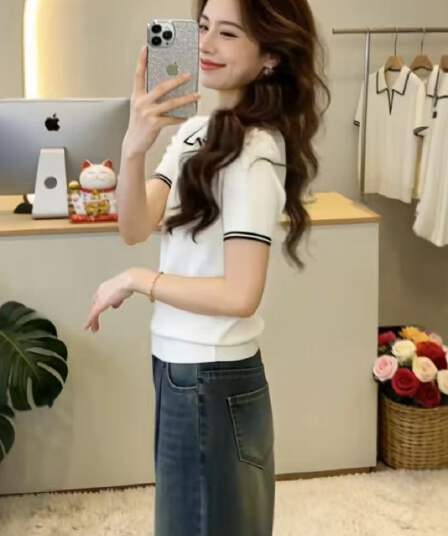 프랑스식 폴로 칼라 배색 고급 반팔 니트 스웨터 여성 여름 빅 사이즈 지방 mm 표지 배 슬림해 보이는 긍정적 인 어깨 V넥 맨위