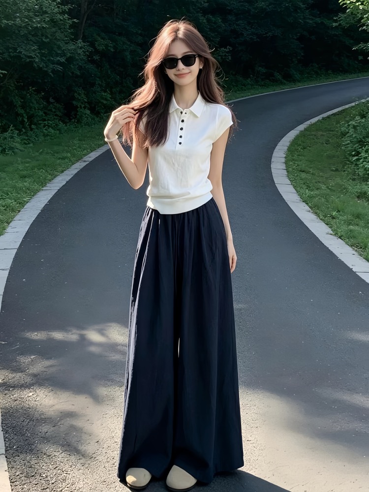 빛 사람들 높음 지혜 센스 한 부서 착용 가져 가라. 전체 집합 느긋한 캐주얼 POLO 칼라 반팔 와이드 레그 팬츠 어린이 투피스 슈트 여성