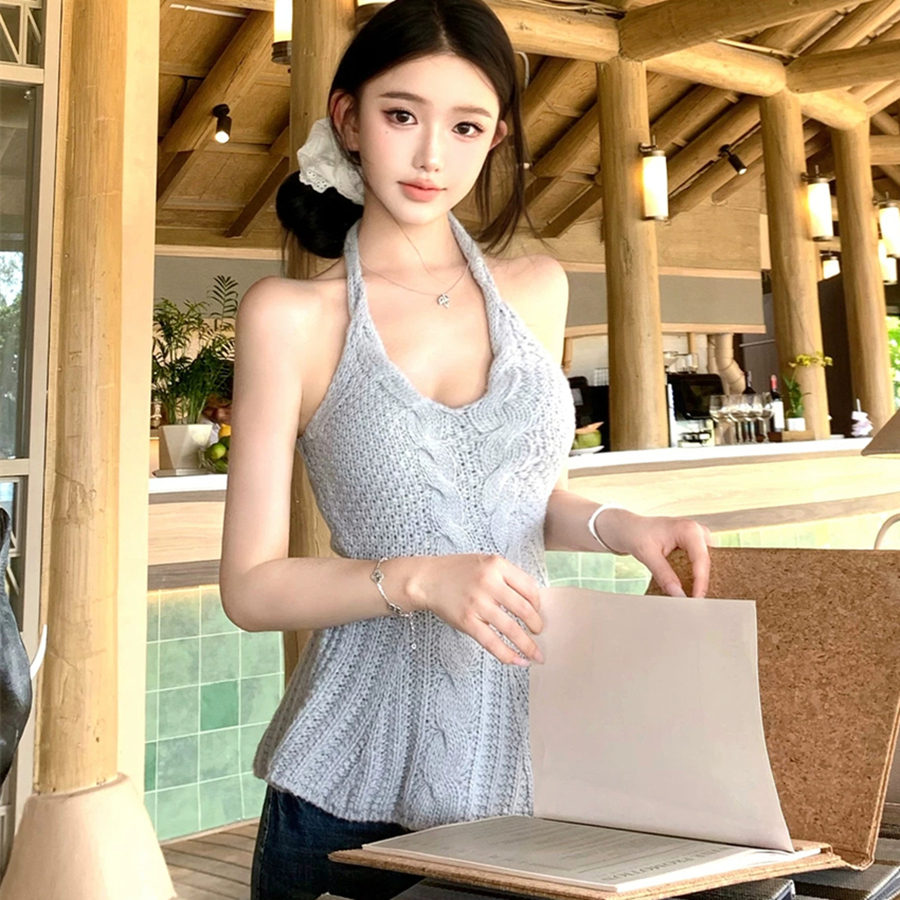 여름 인사이드 가져 가라. 외출용 행침 목 캐미솔 홀로우 아웃 V넥 허리 수축 꽈배기 니트 핫걸 바람 맨위