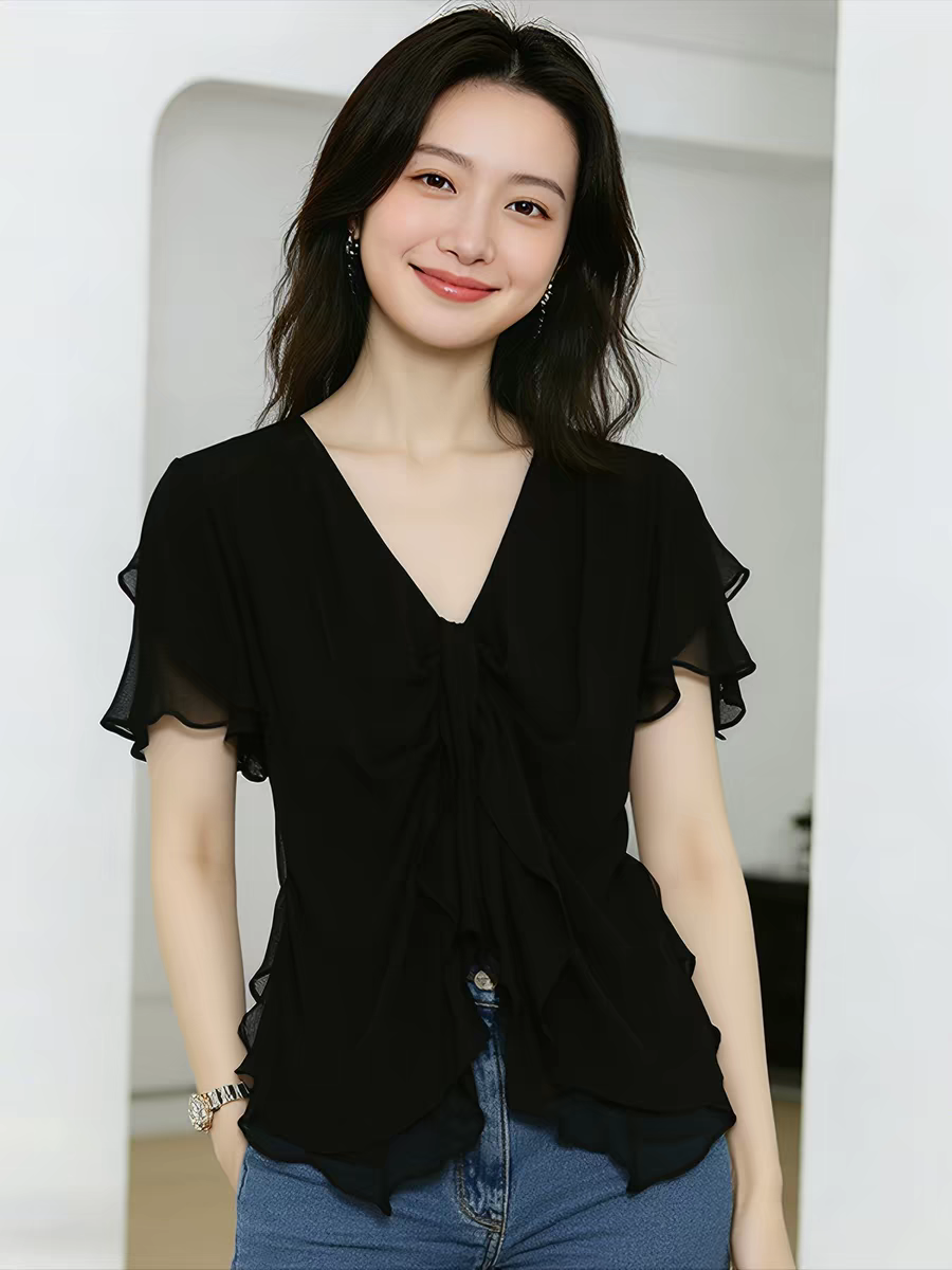 빛 럭셔리 우아함 바람 V넥 프릴 검정색 반팔 맨위 여성 여름 새로운 슬림해 보이는 작은 대중 디자인 센스 셔츠