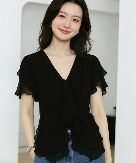 빛 럭셔리 우아함 바람 V넥 프릴 검정색 반팔 맨위 여성 여름 새로운 슬림해 보이는 작은 대중 디자인 센스 셔츠
