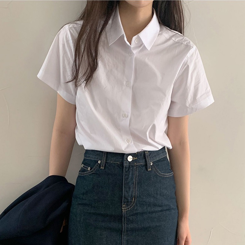 missmarm 긍정적 인 어깨 화이트 순면 반팔 셔츠 여성 셔츠 여름 작은 키 한국 스타일 다용도 순면 셔츠