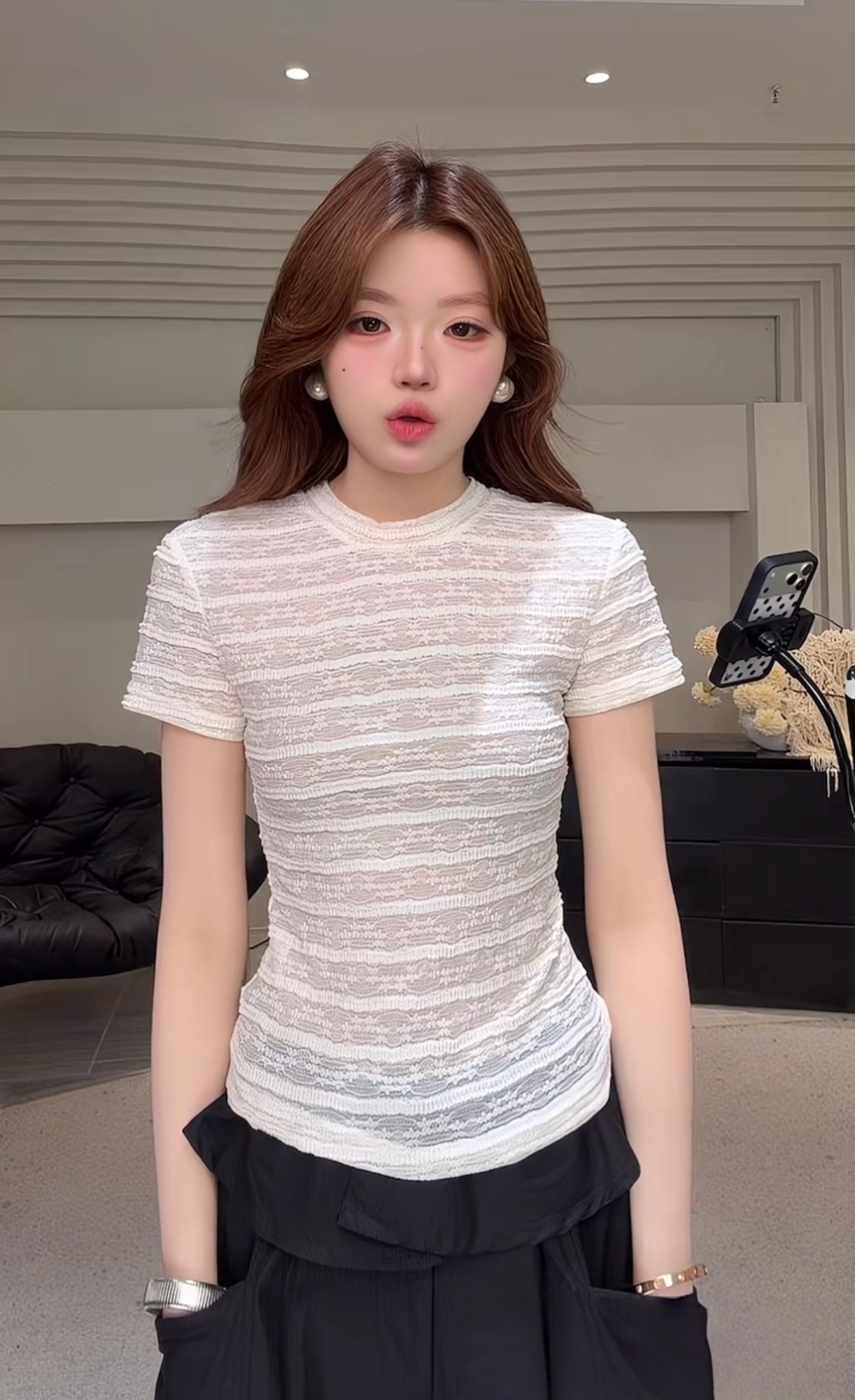 3 차원 압력 주름 질감 짧은 고급 센스 몸매 가꾸기 슬림해 보이는 다용도 품격 맨위