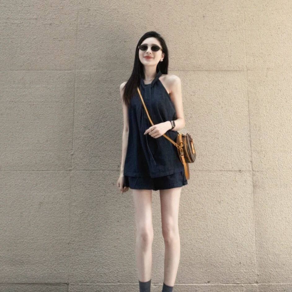 2026 슈퍼 화재 여름 드레스 전체 집합 ootd 착용 가져 가라. 데님 행침 목 오프숄더 조끼 맨위 넓은 다리가 짧다. 바지 투피스 세트