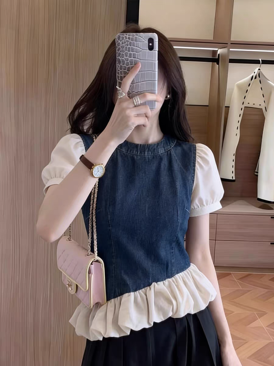 프랑스식 데님 프릴 행침 목 조끼 여성 여름 새로운 디자인 센스 파란색 비대칭 슬림해 보이는 연령 감소 맨위