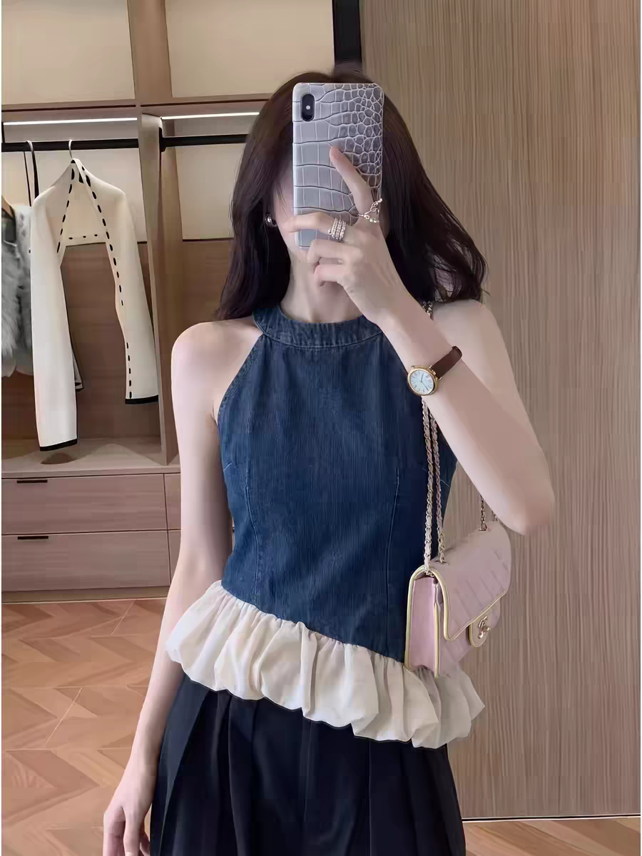 작은 대중 아니요 명중 섹션 품격 배색 프릴 데님 조끼 2026 여름 새로운 핫걸 다용도 맨위 여성 의류