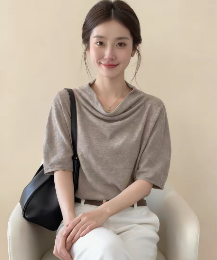 프랑스식 사소한 커피 색상 흔들다 칼라 반팔 티셔츠 여성 2026 여름 새로운 디자인 센스 루즈핏 느긋한 품격 맨위