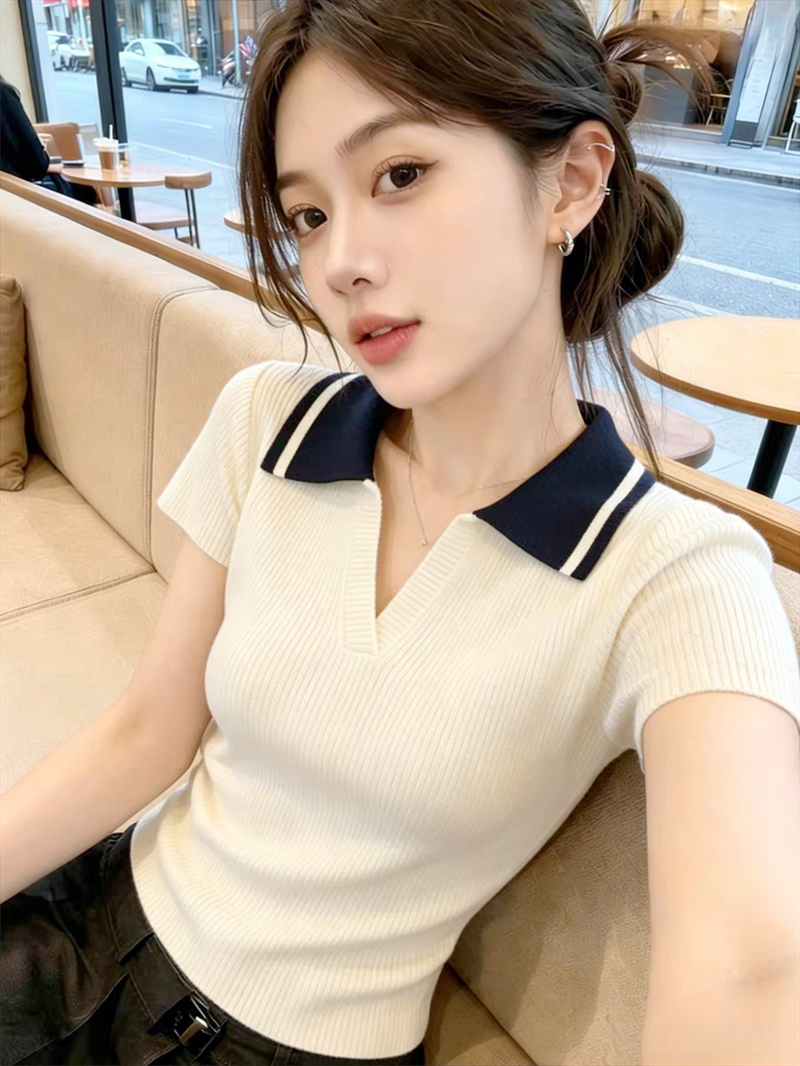 POLO 셔츠 폴로 칼라 얼음 실크 반팔 니트 스웨터 여성 얇은 스타일 외국 가스 티셔츠 루즈핏 연령 감소 배색 맨위