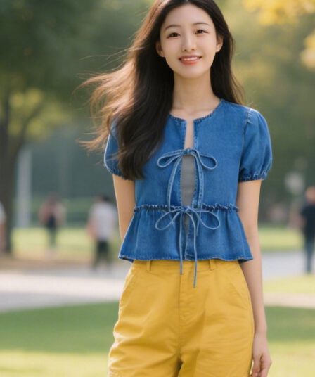 스타 세대 S 같은 단락 패션 다용도 슬림해 보이는 나비 매듭 거품 소매 루즈핏 데님 반팔 맨위