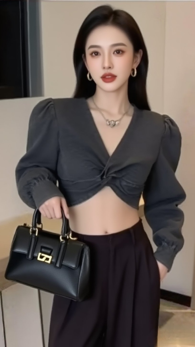 한국 스타일 새로운 殴打 아름다움 바람 섹시함 패션 V넥 비틀림 측면 지퍼 거품 소매 얇은 스타일 데님 맨위