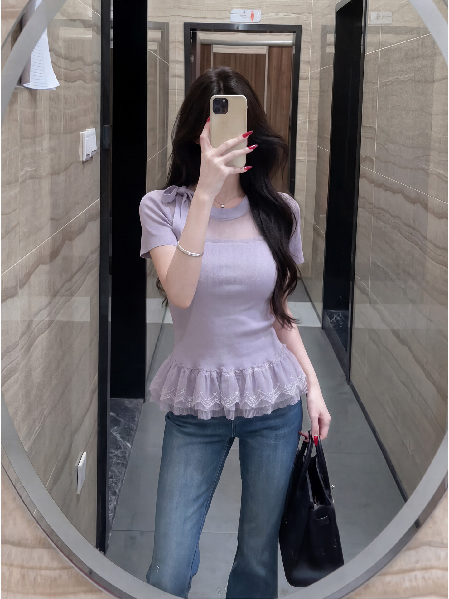프랑스식 달콤한 스타일 보라색 V넥 반팔 프릴 프릴 슬림해 보이는 2026 여름 새로운 티셔츠 맨위 여성