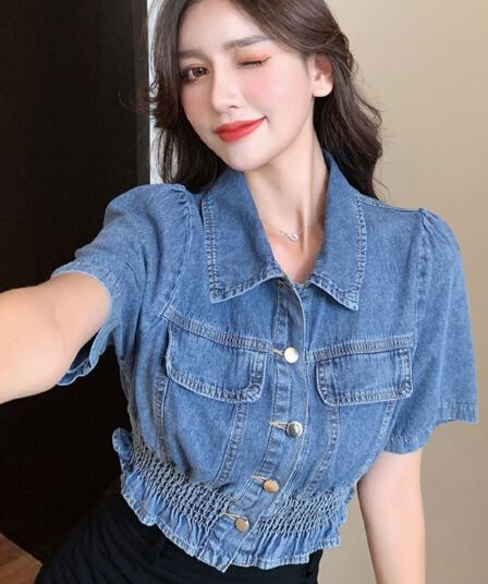 한국 스타일 레트로 허리 수축 슬림해 보이는 디자인 센스 데님 얇은 스타일 반팔 맨위