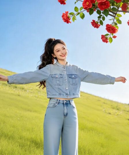 殴打 물품 유봉 가을 새로운 스탠드 칼라 주문 구슬 패션 연령 감소 인기 폭발 데님 맨위 재킷