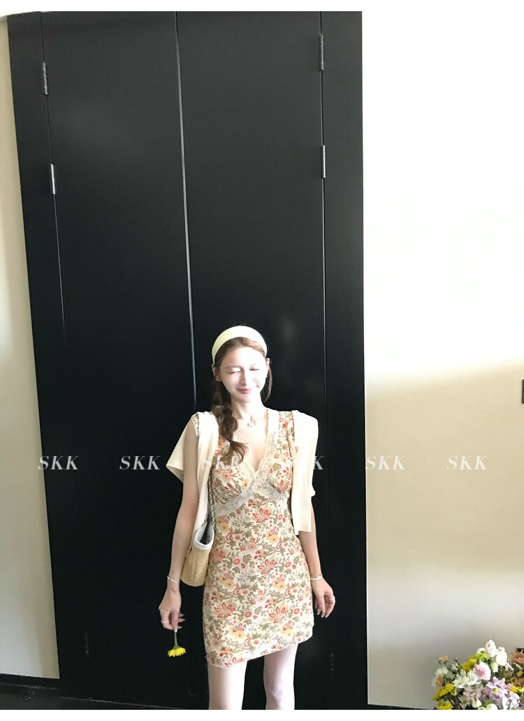 skk store spring 차 靡 꽃 상황 리 청나라 소녀 센스 낭만주의 레이스 작은 날다 소매 비스듬한 자르다 꽃무늬 치마